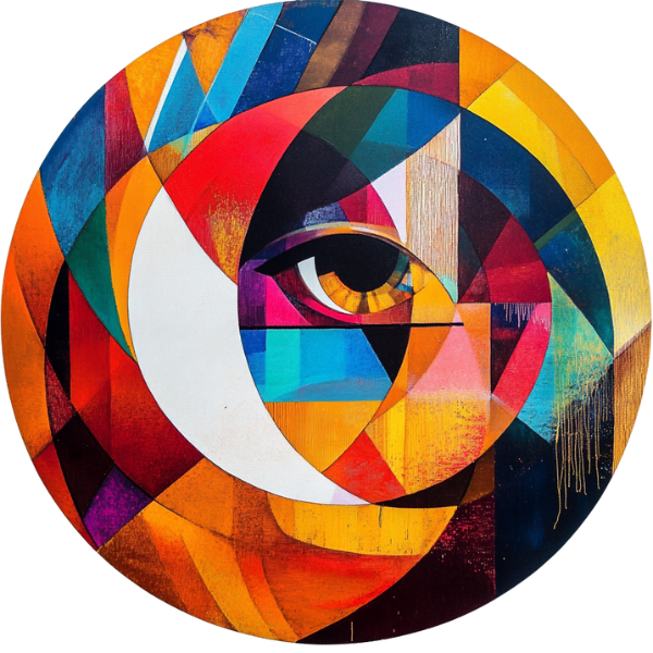 Colorful abstract artwork with a stylized eye design