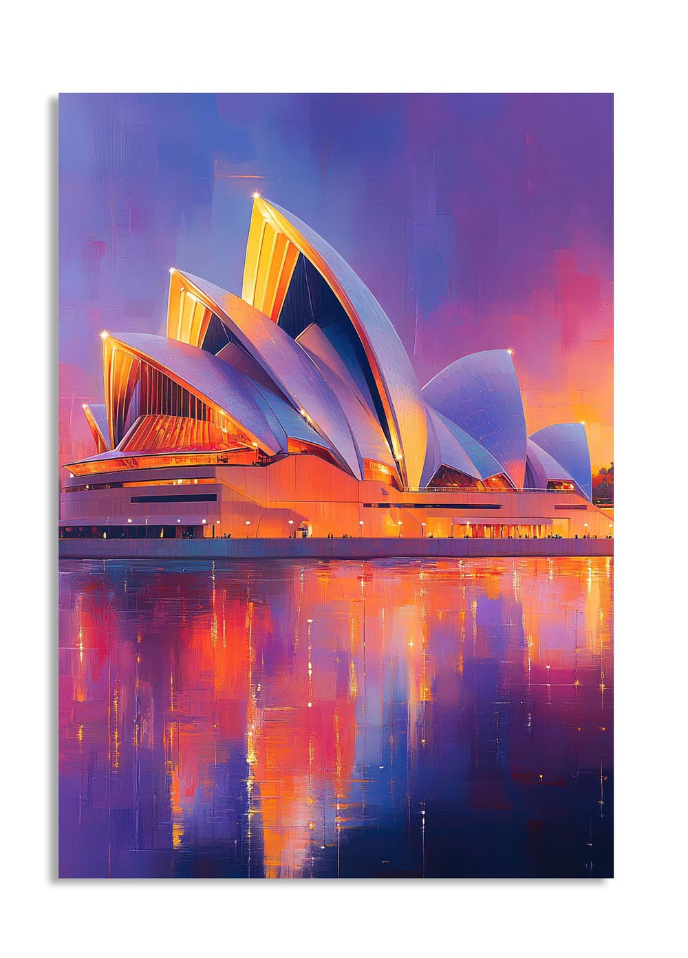Colorful depiction of the Sydney Opera House with a reflective water surface, as a premium aluminum metal print from GoMetalPrint.
