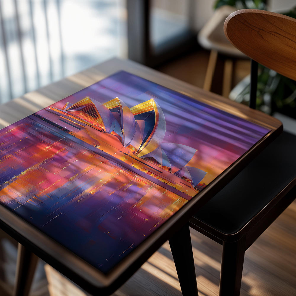 Colorful depiction of the Sydney Opera House with a reflective water surface, as a premium aluminum metal print from GoMetalPrint.
