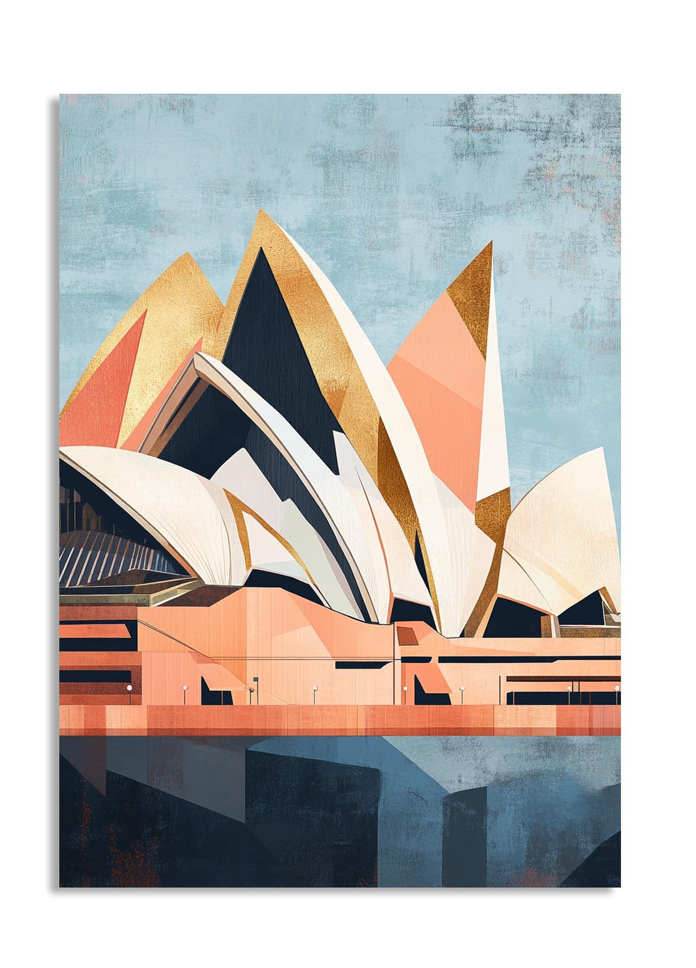 Abstract art of the Sydney Opera House with geometric shapes on a textured background, as a premium aluminum metal print from GoMetalPrint.
