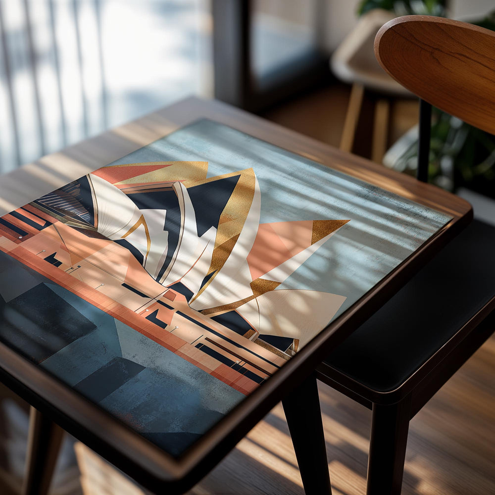 Abstract art of the Sydney Opera House with geometric shapes on a textured background, as a premium aluminum metal print from GoMetalPrint.
