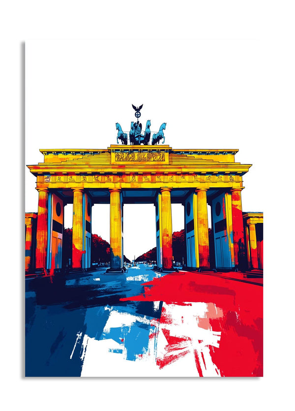 Colorful abstract depiction of the Brandenburg Gate on a white background , as a premium aluminum metal print from GoMetalPrint.
