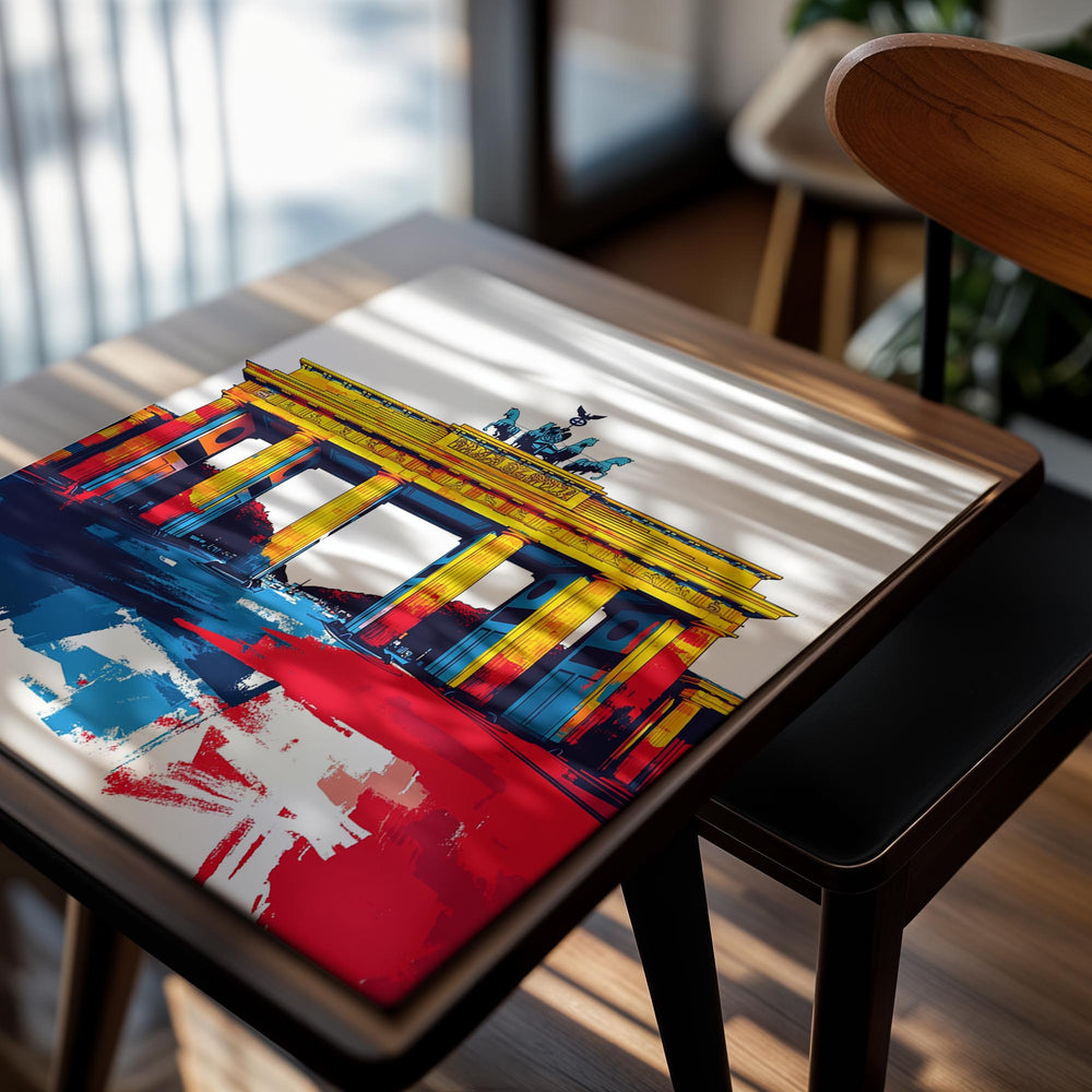 Colorful abstract depiction of the Brandenburg Gate on a white background , as a premium aluminum metal print from GoMetalPrint.
