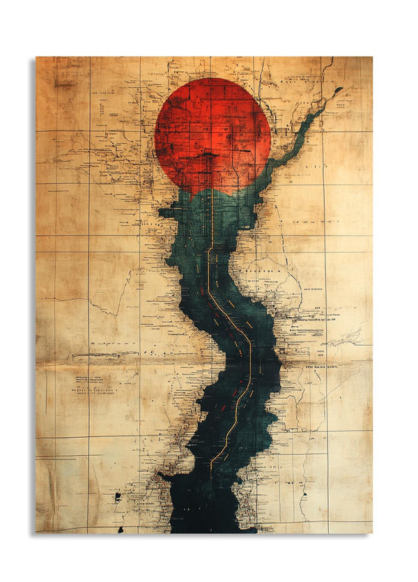 Map of Illinois with a red circle and blue outline on an old map background, as a premium aluminum metal print from GoMetalPrint.
