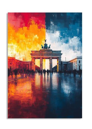 Colorful abstract painting of the Brandenburg Gate in Berlin, as a premium aluminum metal print from GoMetalPrint.
