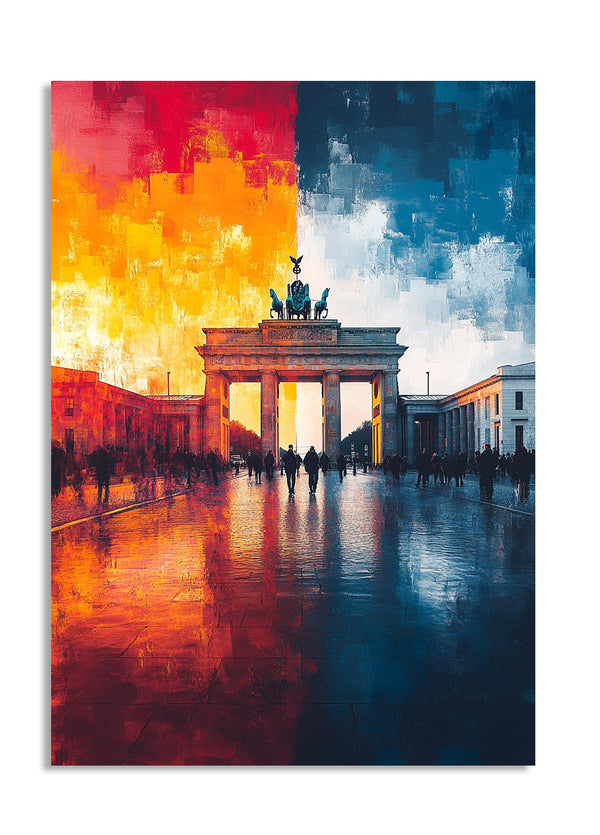 Colorful abstract painting of the Brandenburg Gate in Berlin, as a premium aluminum metal print from GoMetalPrint.
