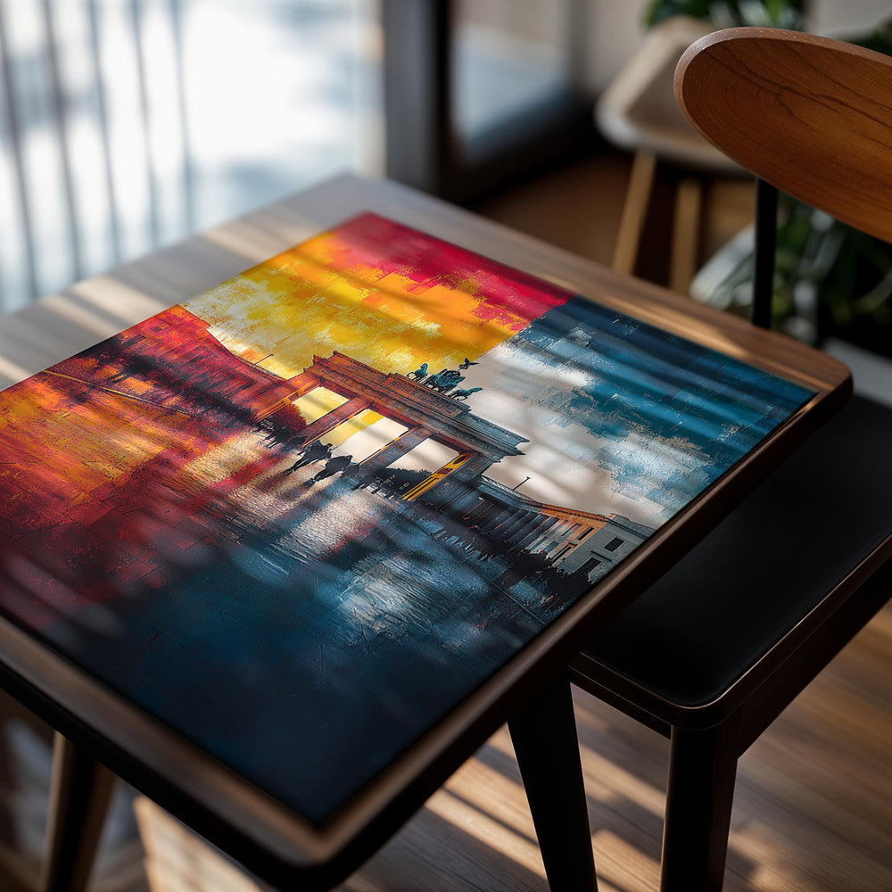 Colorful abstract painting of the Brandenburg Gate in Berlin, as a premium aluminum metal print from GoMetalPrint.
