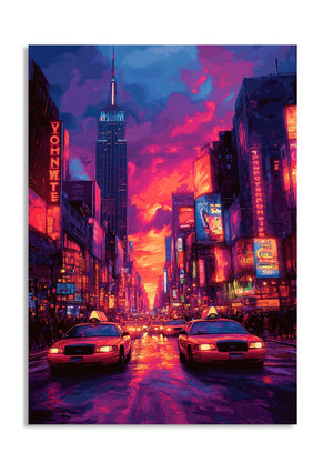City street scene with neon lights and taxis under a vibrant sunset sky, as a premium aluminum metal print from GoMetalPrint.
