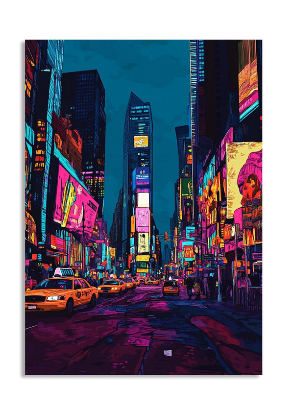 Colorful city street scene with neon lights and tall buildings at night, as a premium aluminum metal print from GoMetalPrint.

