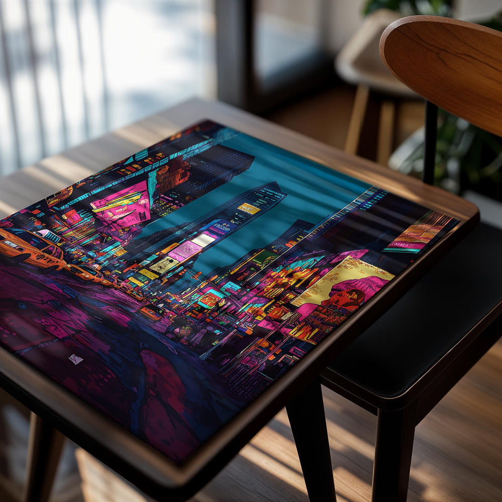 Colorful city street scene with neon lights and tall buildings at night, as a premium aluminum metal print from GoMetalPrint.
