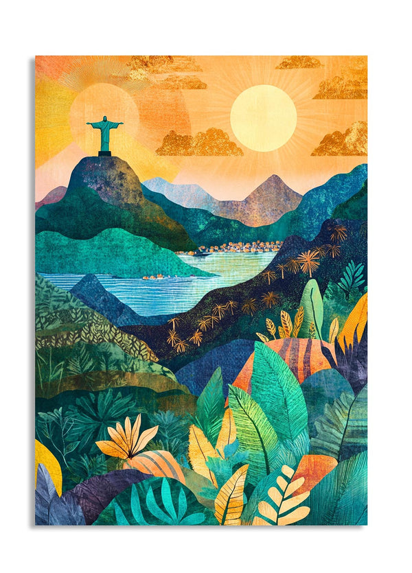 Colorful illustration of a mountainous landscape with a statue on a hilltop, as a premium aluminum metal print from GoMetalPrint.
