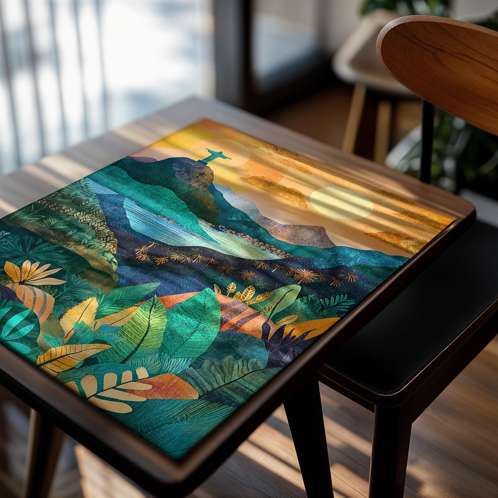 Colorful illustration of a mountainous landscape with a statue on a hilltop, as a premium aluminum metal print from GoMetalPrint.
