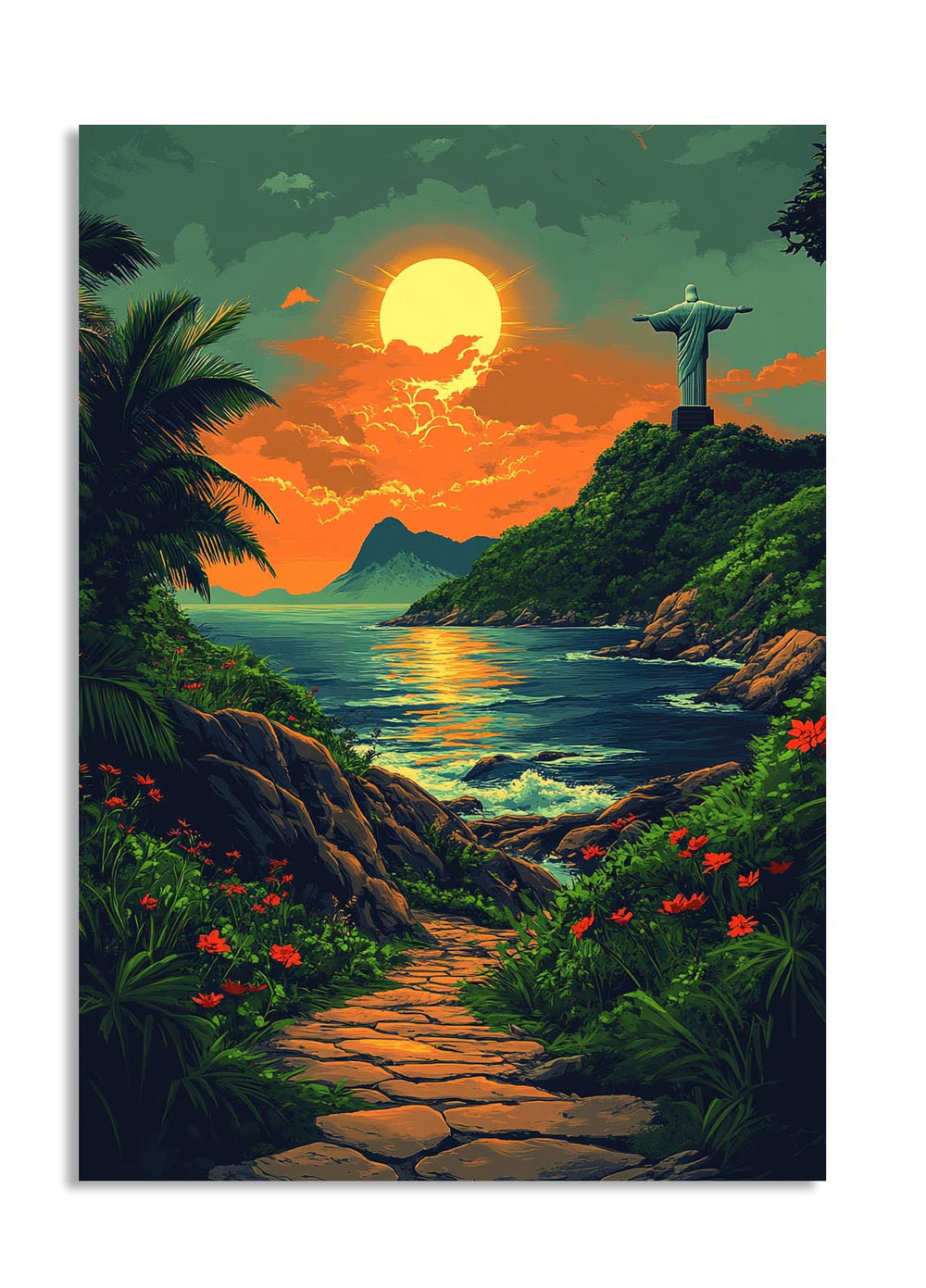 Surreal landscape with a sunset over a body of water, a statue on a hill, and a stone path, as a premium aluminum metal print from GoMetalPrint.
