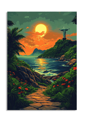 Surreal landscape with a sunset over a body of water, a statue on a hill, and a stone path, as a premium aluminum metal print from GoMetalPrint.
