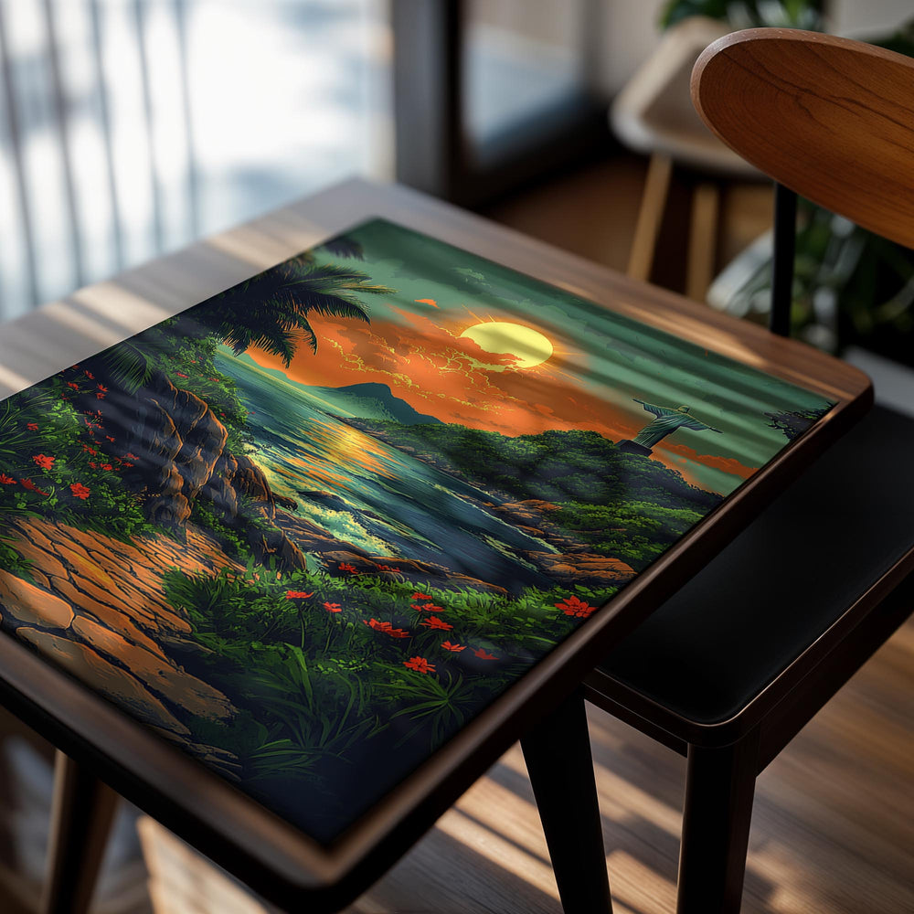 Surreal landscape with a sunset over a body of water, a statue on a hill, and a stone path, as a premium aluminum metal print from GoMetalPrint.
