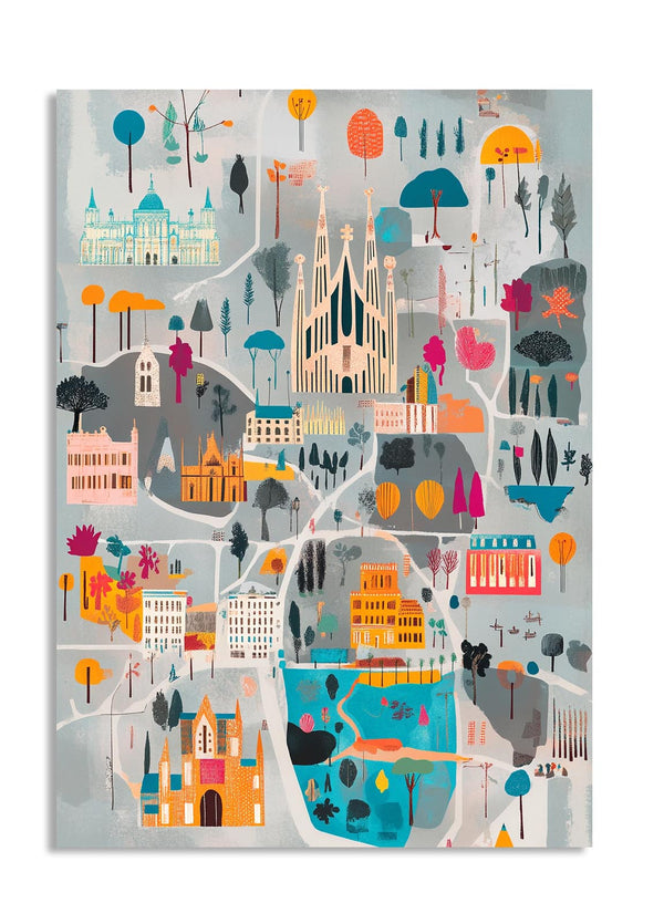 Colorful illustrated map of a city with various landmarks on a gray background , as a premium aluminum metal print from GoMetalPrint.
