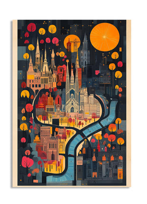 Colorful illustration of a cityscape with buildings and trees on a dark background , as a premium aluminum metal print from GoMetalPrint.
