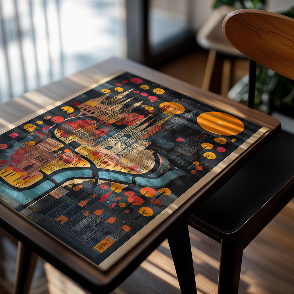 Colorful illustration of a cityscape with buildings and trees on a dark background , as a premium aluminum metal print from GoMetalPrint.
