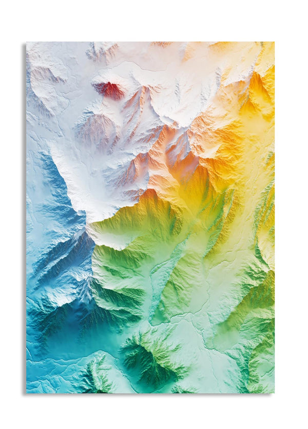 Colorful topographic map of a mountain range, as a premium aluminum metal print from GoMetalPrint.
