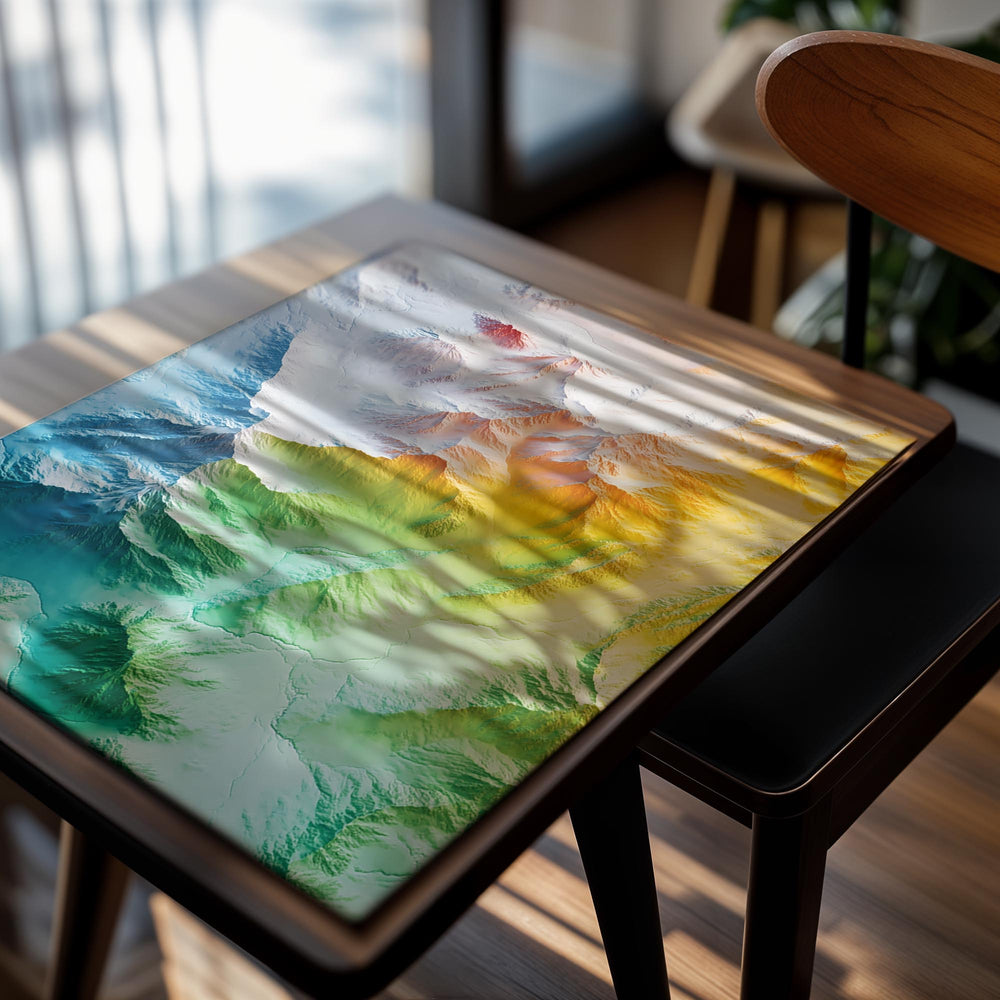 Colorful topographic map of a mountain range, as a premium aluminum metal print from GoMetalPrint.
