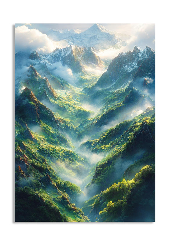 Mountain landscape with green valleys and snow-capped peaks, as a premium aluminum metal print from GoMetalPrint.
