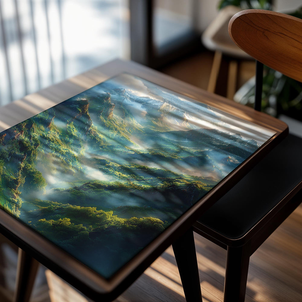 Mountain landscape with green valleys and snow-capped peaks, as a premium aluminum metal print from GoMetalPrint.
