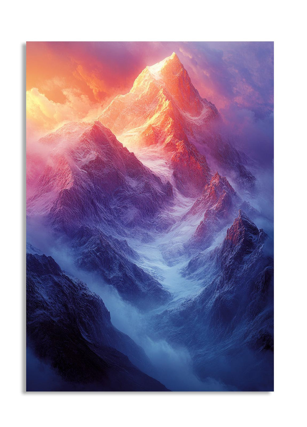 Mountain peak with colorful lighting effects, as a premium aluminum metal print from GoMetalPrint.
