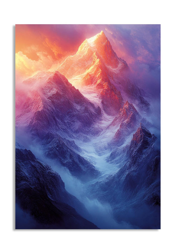 Mountain peak with colorful lighting effects, as a premium aluminum metal print from GoMetalPrint.
