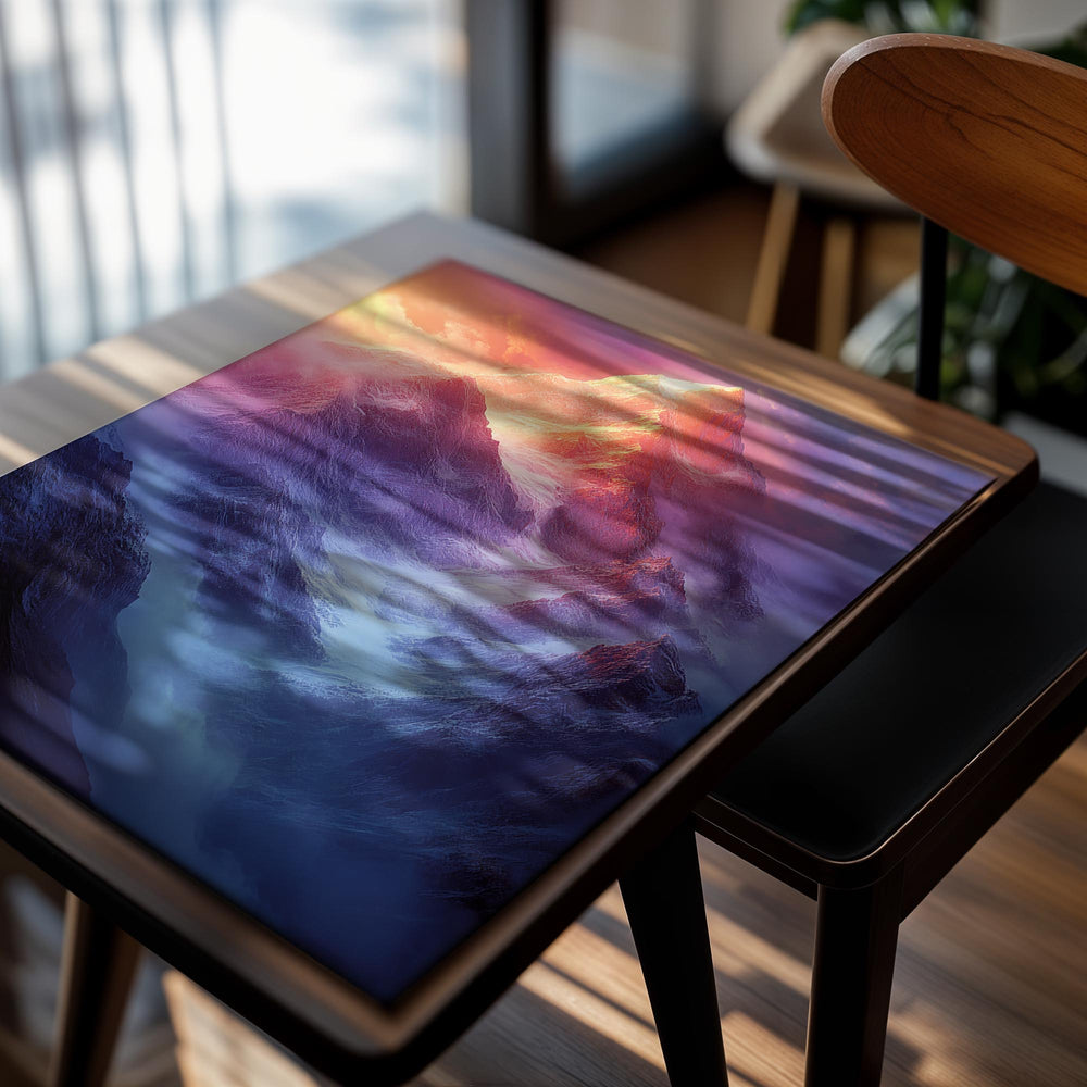 Mountain peak with colorful lighting effects, as a premium aluminum metal print from GoMetalPrint.
