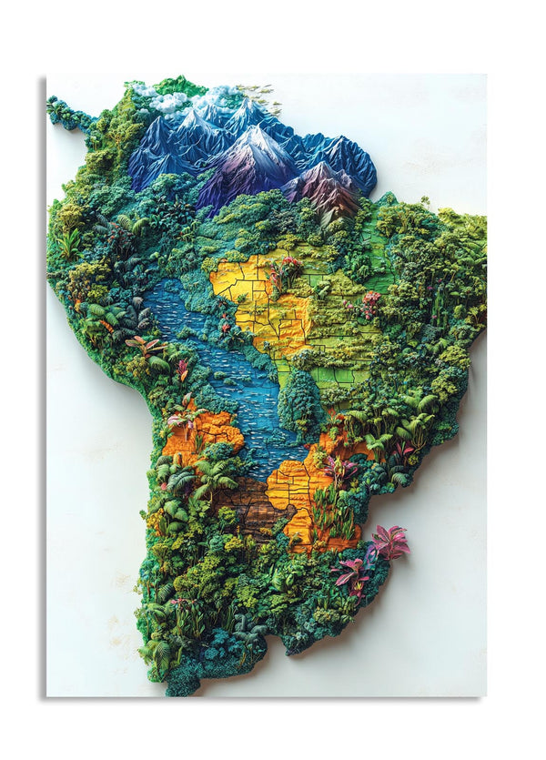 3D map of South America with colorful landscapes on a white background, as a premium aluminum metal print from GoMetalPrint.
