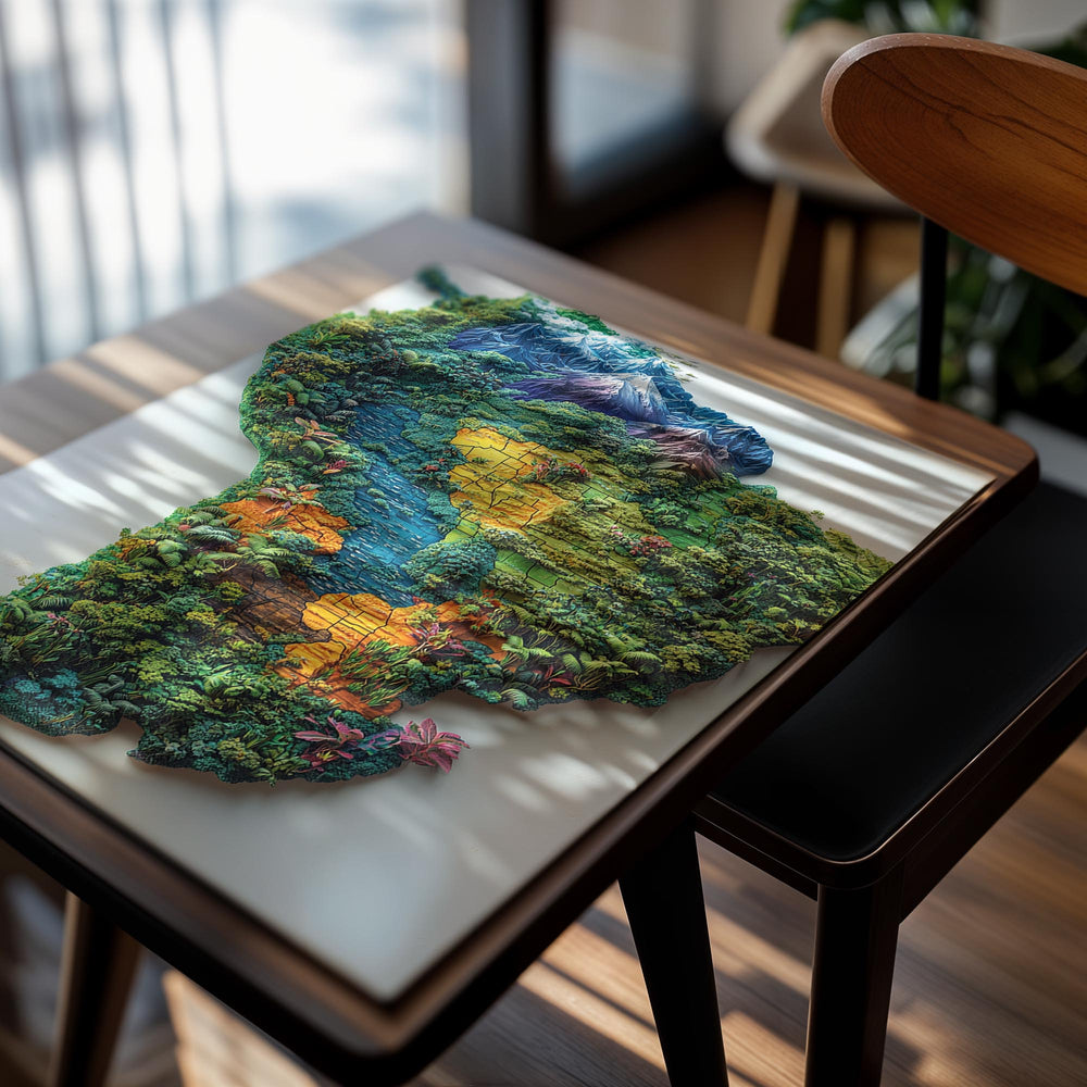 3D map of South America with colorful landscapes on a white background, as a premium aluminum metal print from GoMetalPrint.
