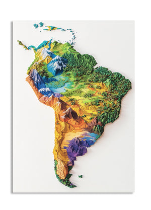Colorful 3D map of South America on a white background, as a premium aluminum metal print from GoMetalPrint.
