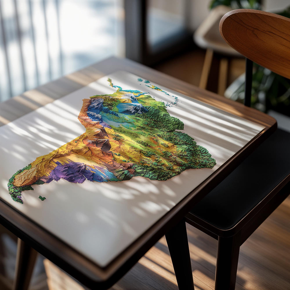 Colorful 3D map of South America on a white background, as a premium aluminum metal print from GoMetalPrint.
