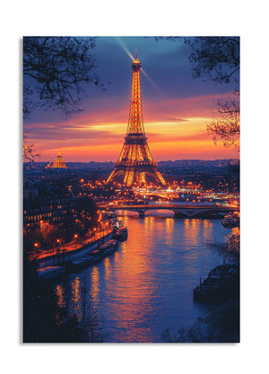 Eiffel Tower at sunset with city lights reflected on the Seine River, Paris, as a premium aluminum metal print from GoMetalPrint.
