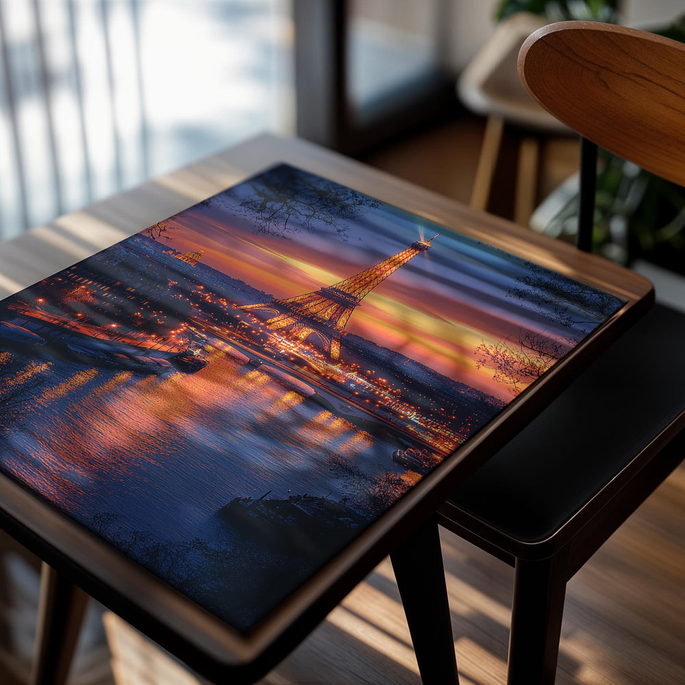 Eiffel Tower at sunset with city lights reflected on the Seine River, Paris, as a premium aluminum metal print from GoMetalPrint.

