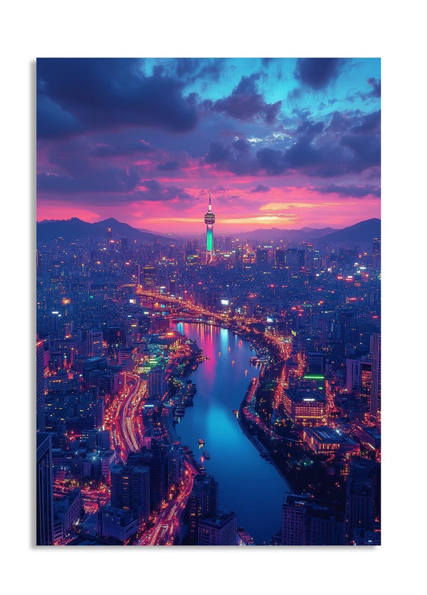 Cityscape at night with illuminated buildings and a river, under a colorful sky, as a premium aluminum metal print from GoMetalPrint.
