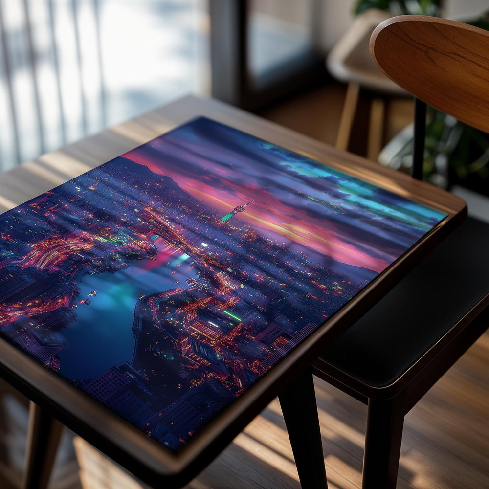 Cityscape at night with illuminated buildings and a river, under a colorful sky, as a premium aluminum metal print from GoMetalPrint.
