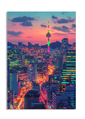 Cityscape with illuminated buildings and a prominent tower against a colorful sunset sky, as a premium aluminum metal print from GoMetalPrint.
