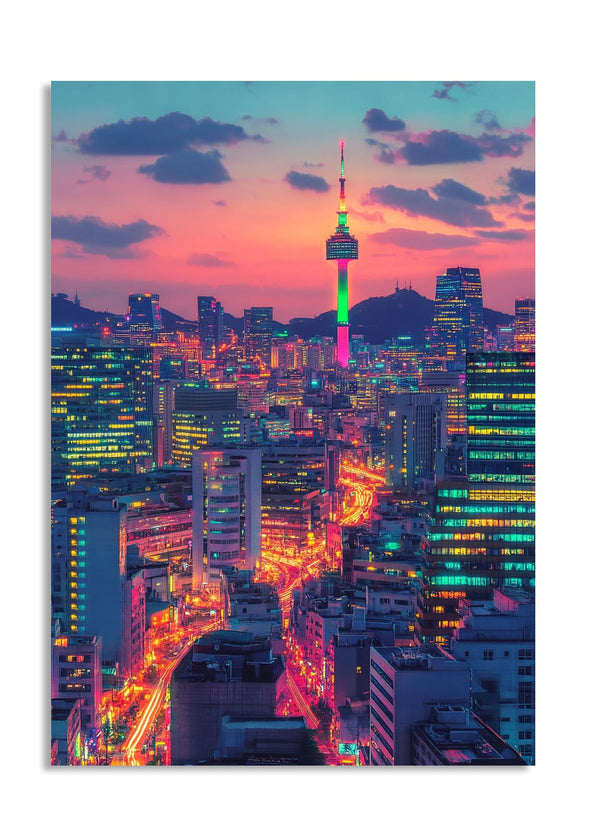 Cityscape with illuminated buildings and a prominent tower against a colorful sunset sky, as a premium aluminum metal print from GoMetalPrint.
