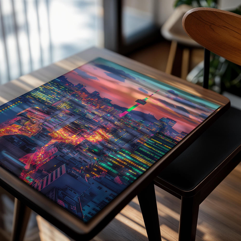 Cityscape with illuminated buildings and a prominent tower against a colorful sunset sky, as a premium aluminum metal print from GoMetalPrint.
