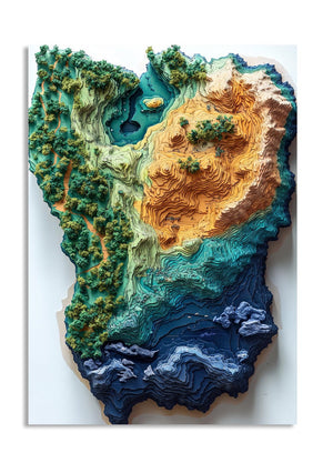 Topographic map of a region with color gradient on a white background, as a premium aluminum metal print from GoMetalPrint.
