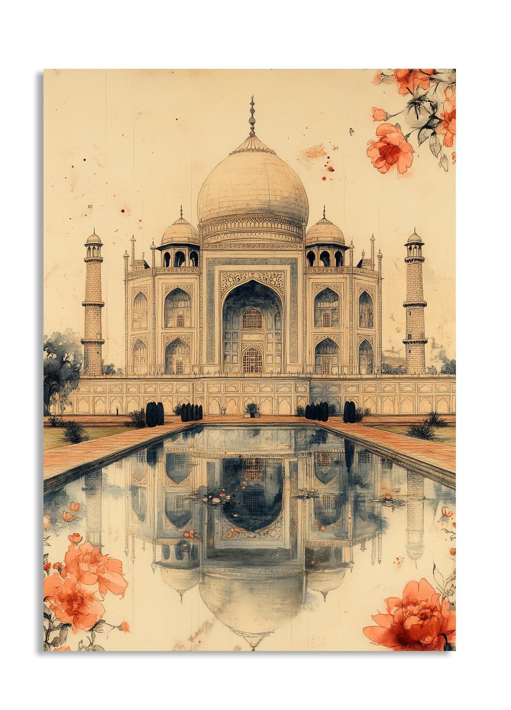 Illustration of the Taj Mahal with floral elements on a beige background, as a premium aluminum metal print from GoMetalPrint.

