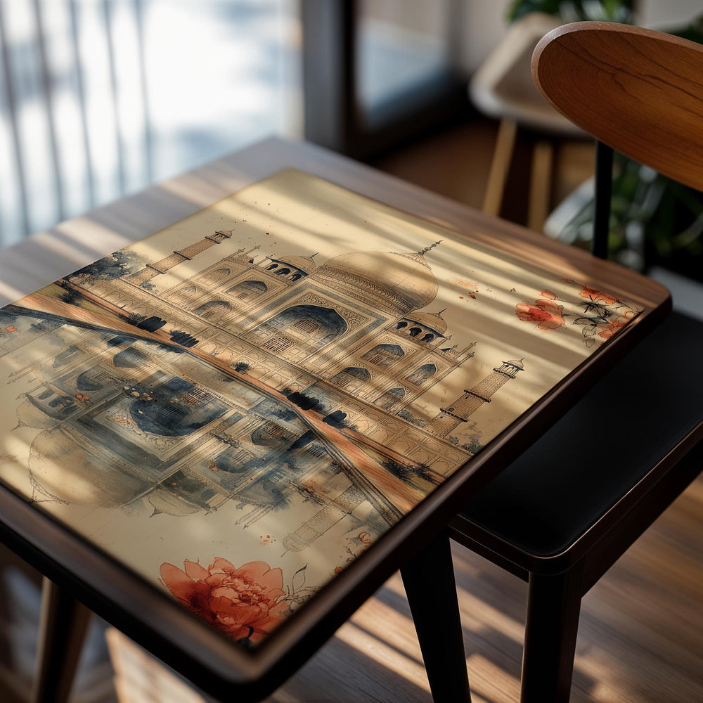 Illustration of the Taj Mahal with floral elements on a beige background, as a premium aluminum metal print from GoMetalPrint.
