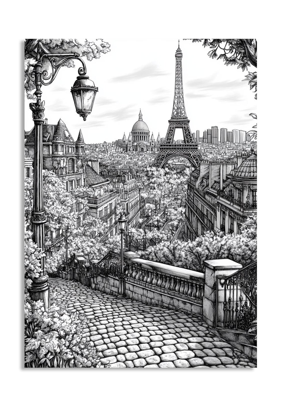 Black and white illustration of a Parisian street with the Eiffel Tower in the background, as a premium aluminum metal print from GoMetalPrint.

