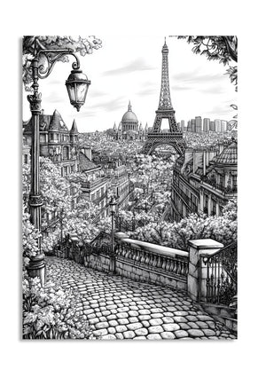 Black and white illustration of a Parisian street with the Eiffel Tower in the background, as a premium aluminum metal print from GoMetalPrint.
