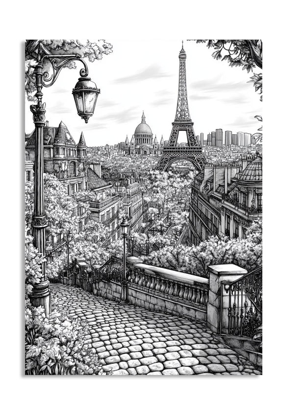 Black and white illustration of a Parisian street with the Eiffel Tower in the background, as a premium aluminum metal print from GoMetalPrint.
