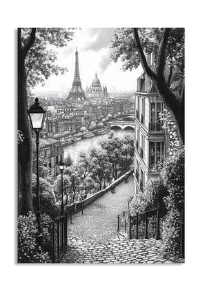 Black and white illustration of a Parisian scene with the Eiffel Tower and river, as a premium aluminum metal print from GoMetalPrint.
