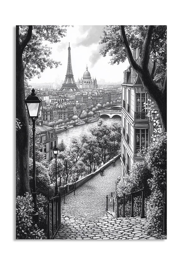 Black and white illustration of a Parisian scene with the Eiffel Tower and river, as a premium aluminum metal print from GoMetalPrint.
