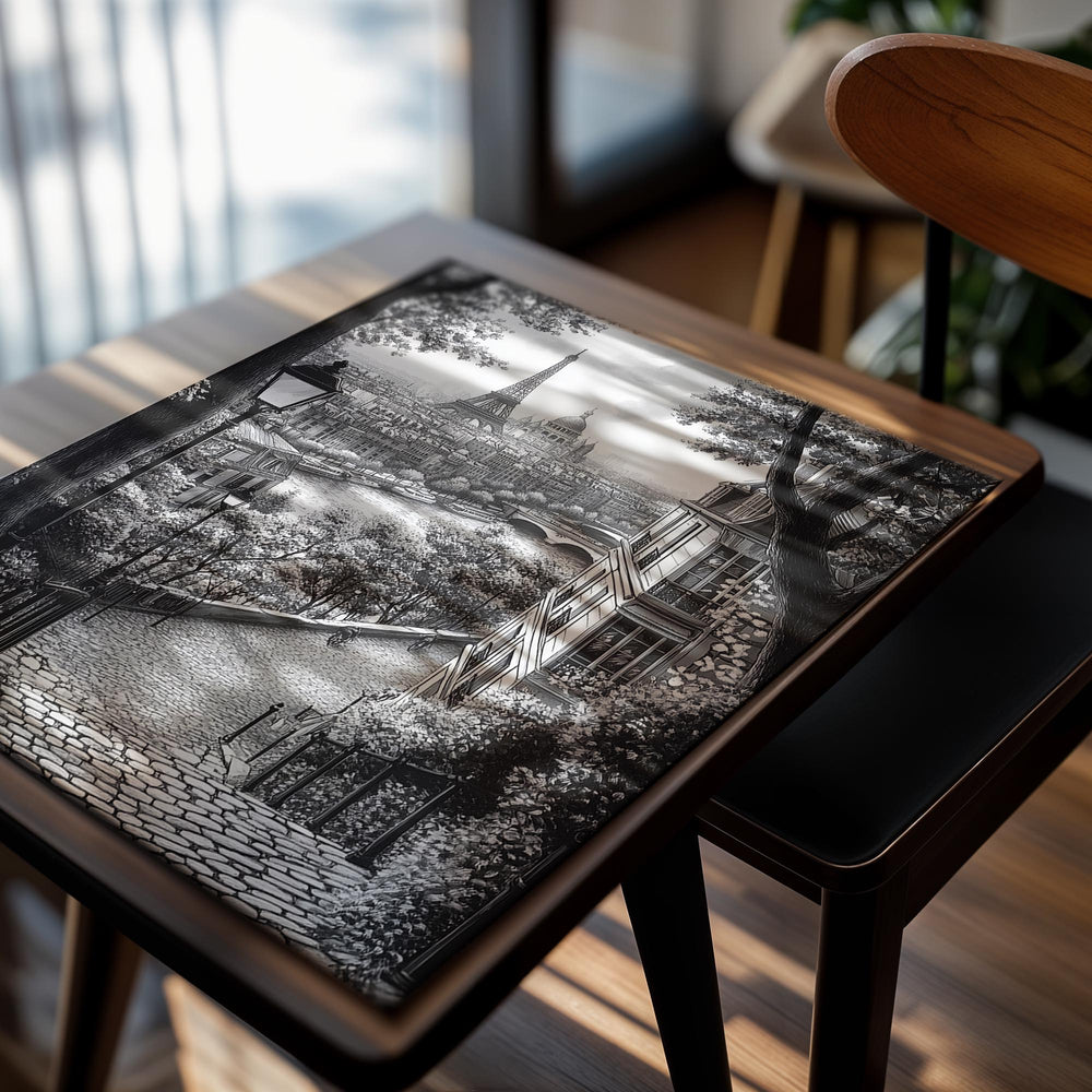 Black and white illustration of a Parisian scene with the Eiffel Tower and river, as a premium aluminum metal print from GoMetalPrint.

