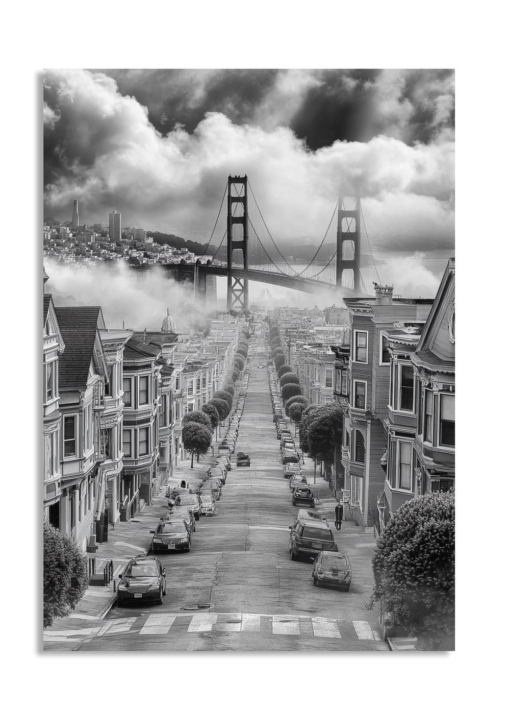 Black and white street scene with Golden Gate Bridge in the background, as a premium aluminum metal print from GoMetalPrint.
